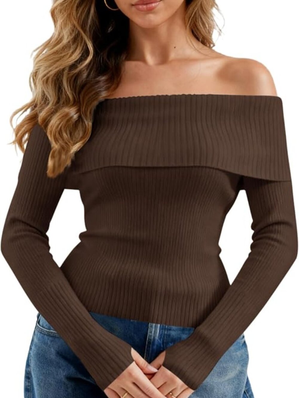 Sexy Off Shoulder Knit Sweater Women Long Sleeve Going Out Thumbhole Pullover